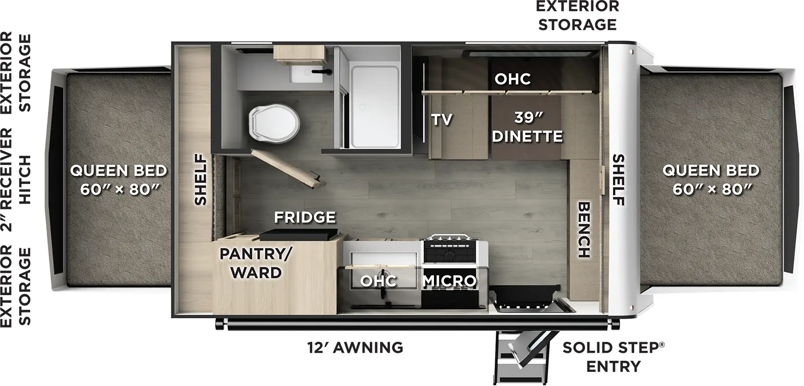 The Rockwood Roo 17E floorplan has one entry and zero slide outs. Exterior features include: fiberglass exterior and 12' awning. 